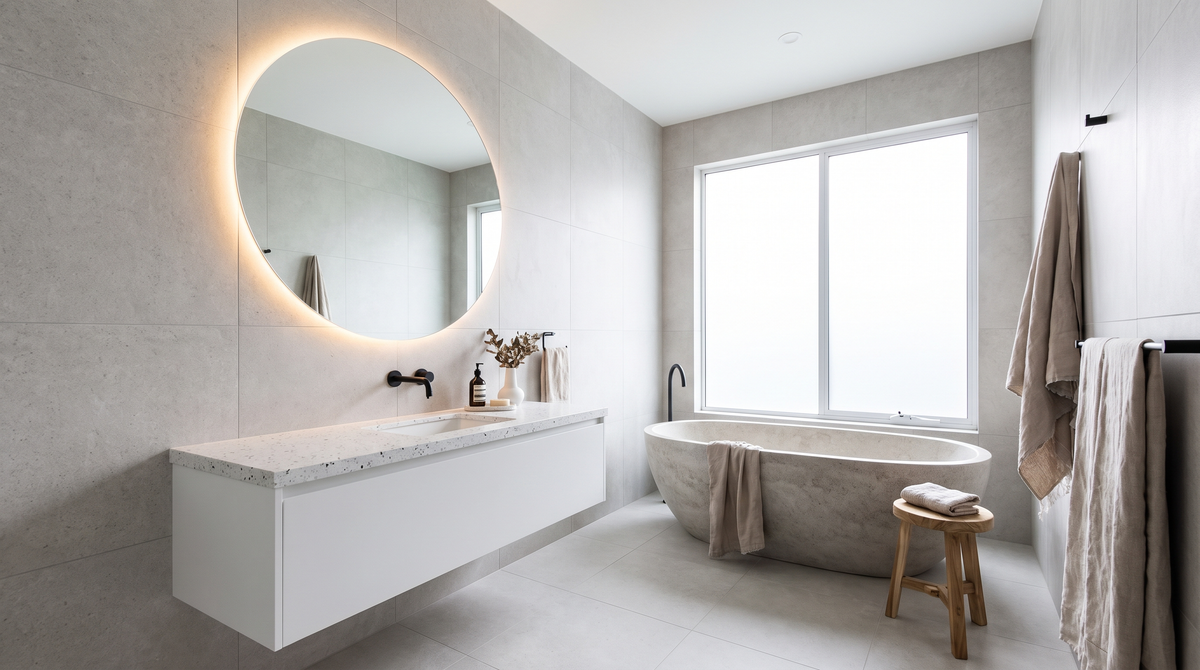 Premium ronde LED badkamerspiegel boven witte wastafel — Noxare