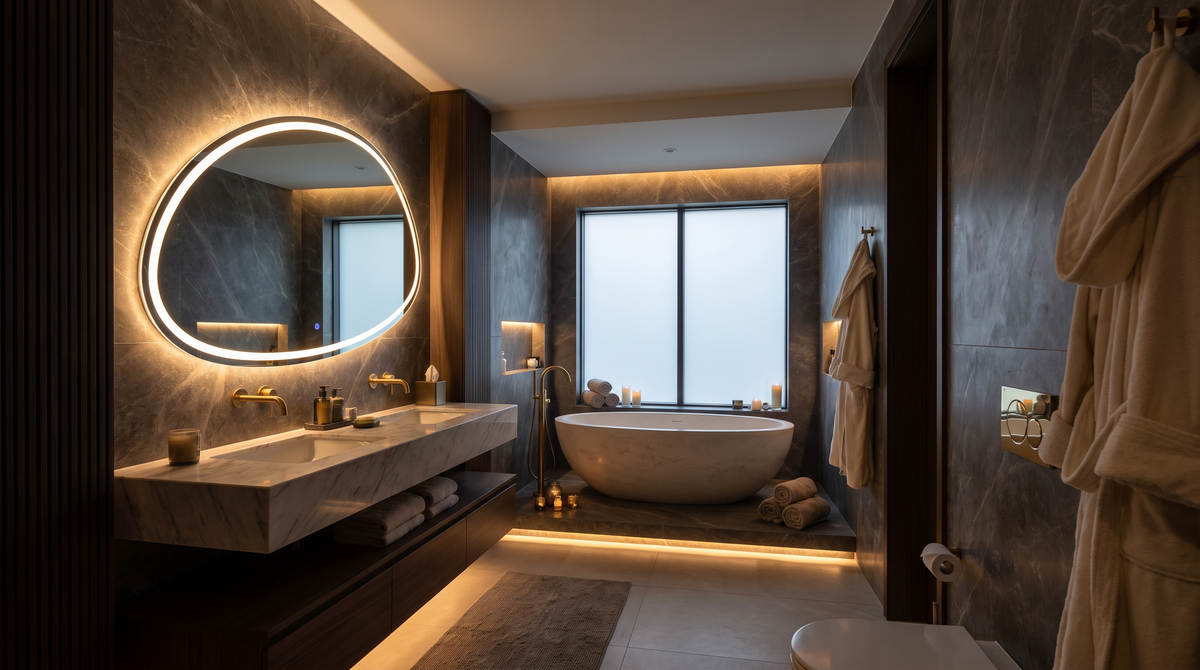 Luxe master bathroom met LED spiegel als centerpiece — Noxare