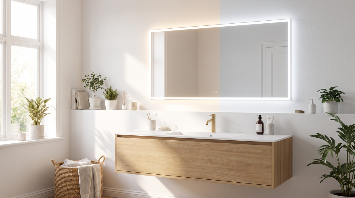 Badkamerspiegel met LED verlichting warmwit versus koudwit — Noxare