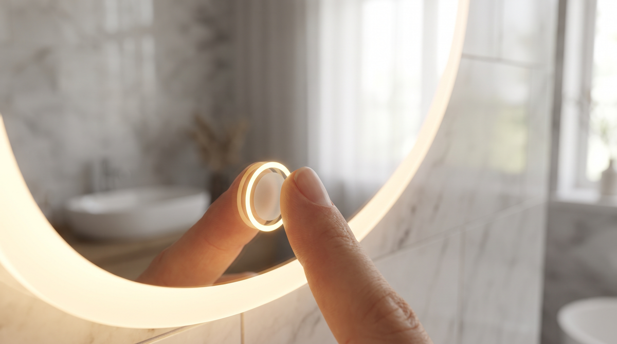 Twee ronde LED spiegels boven dubbele wastafel — Noxare