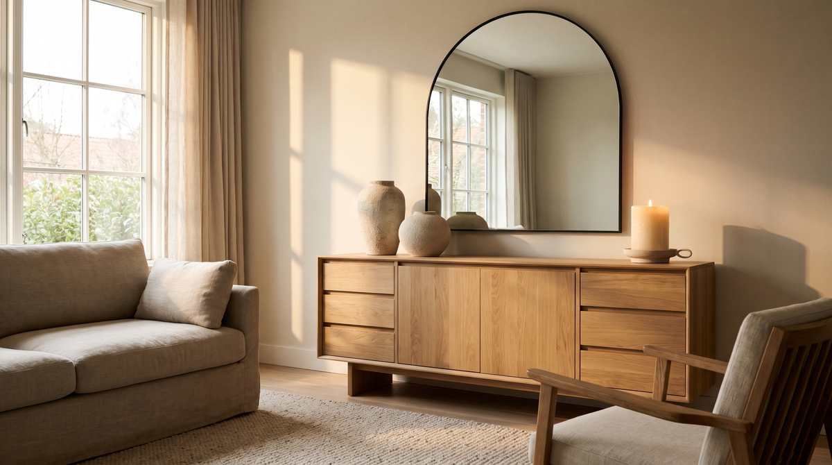 Grote spiegel boven dressoir console maat hoogte stijl — Noxare