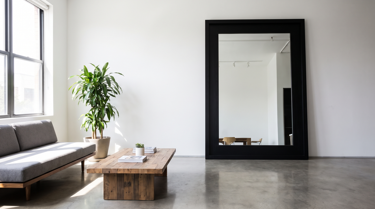Vloer tot plafond spiegel in minimalistische woonkamer — Noxare