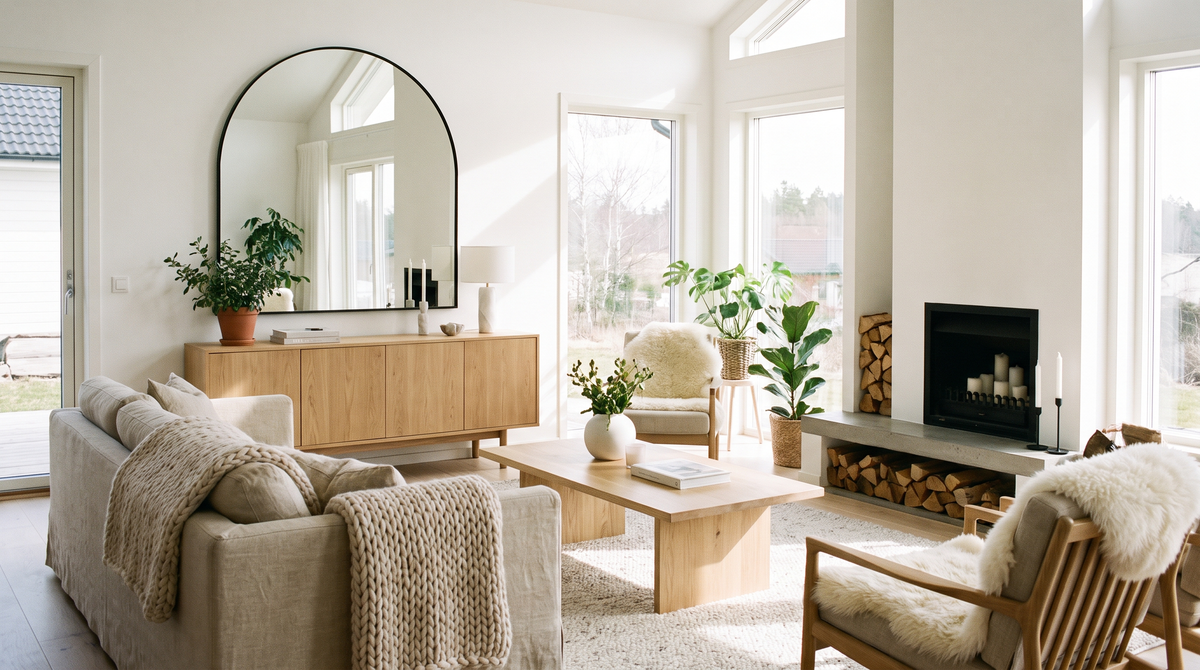 Grote spiegel in Scandinavisch interieur licht en rust — Noxare