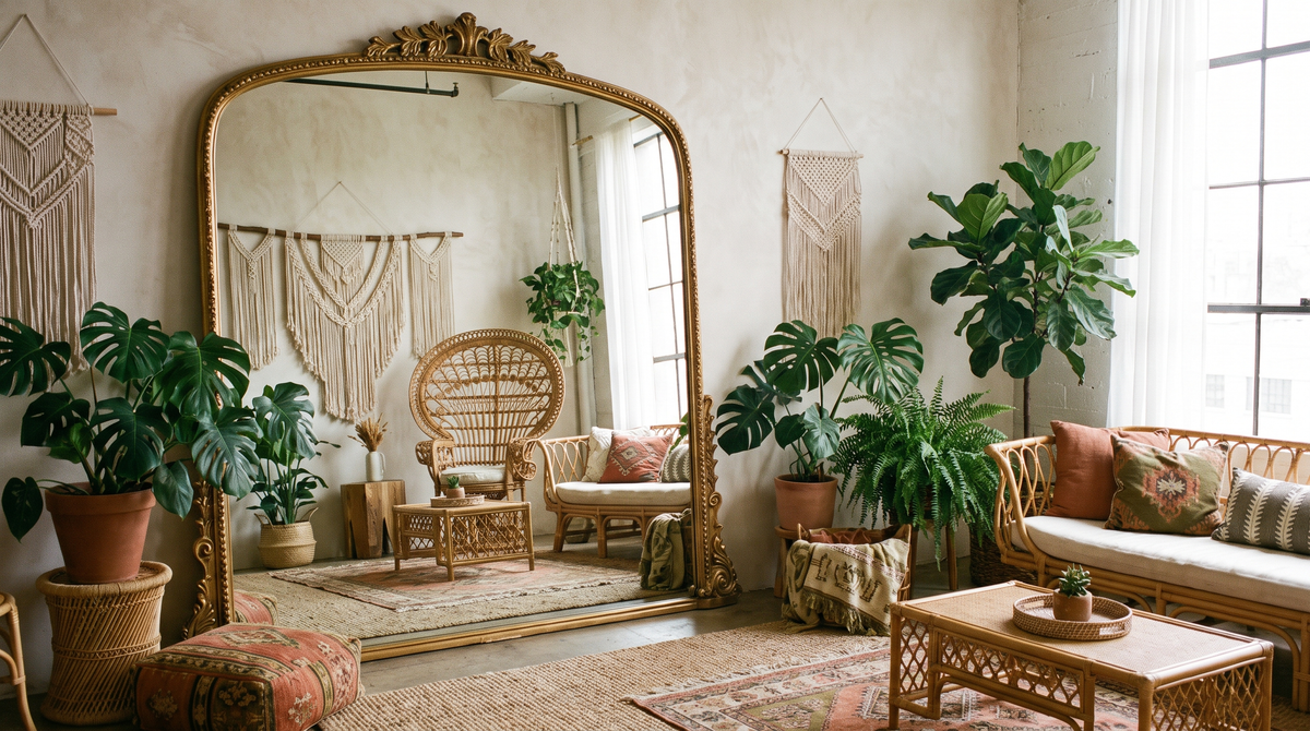 Grote spiegel in bohemian interieur lagen en texturen — Noxare