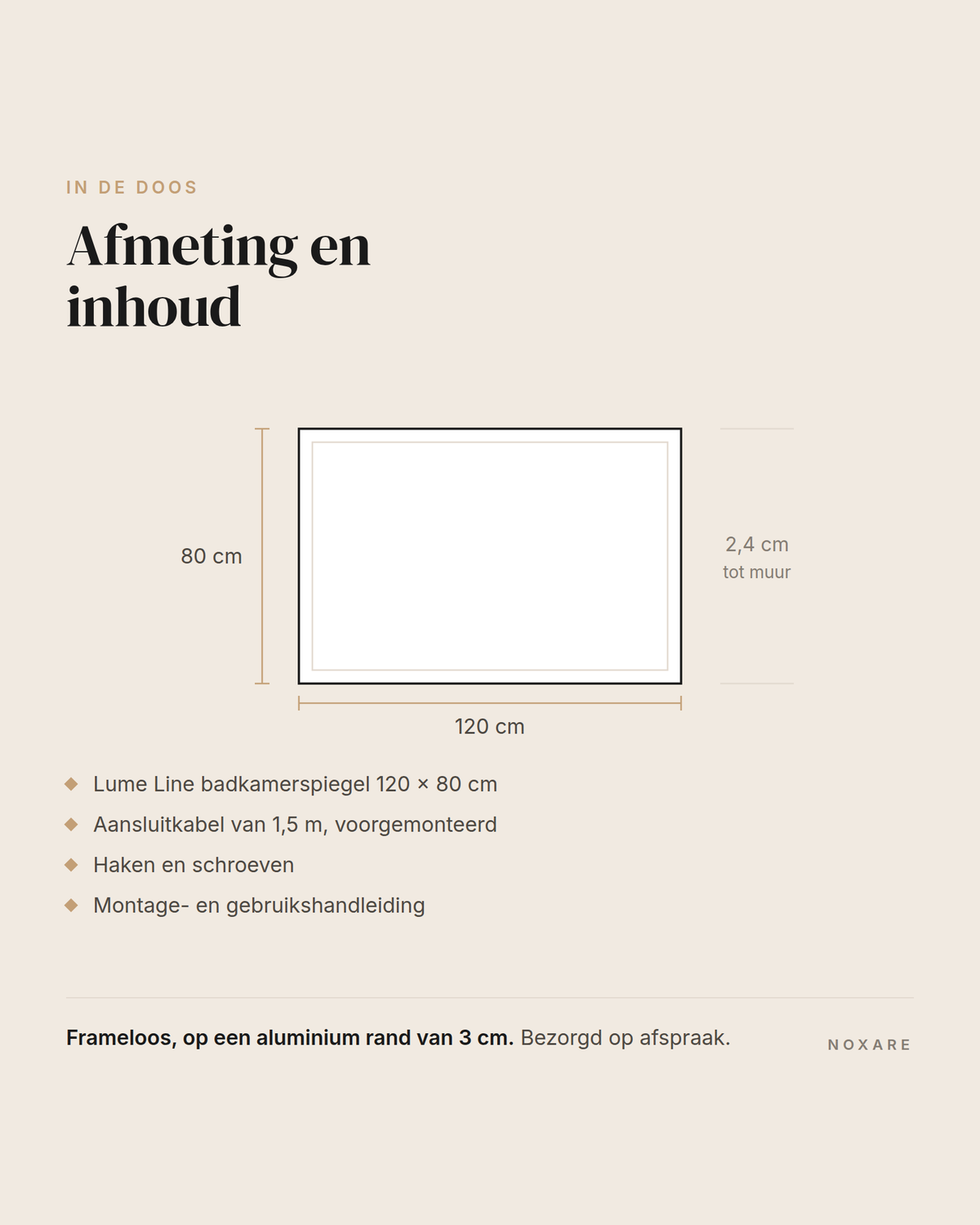 Afmetingen en inhoud van de doos van de Lume Line badkamerspiegel 120x80 cm