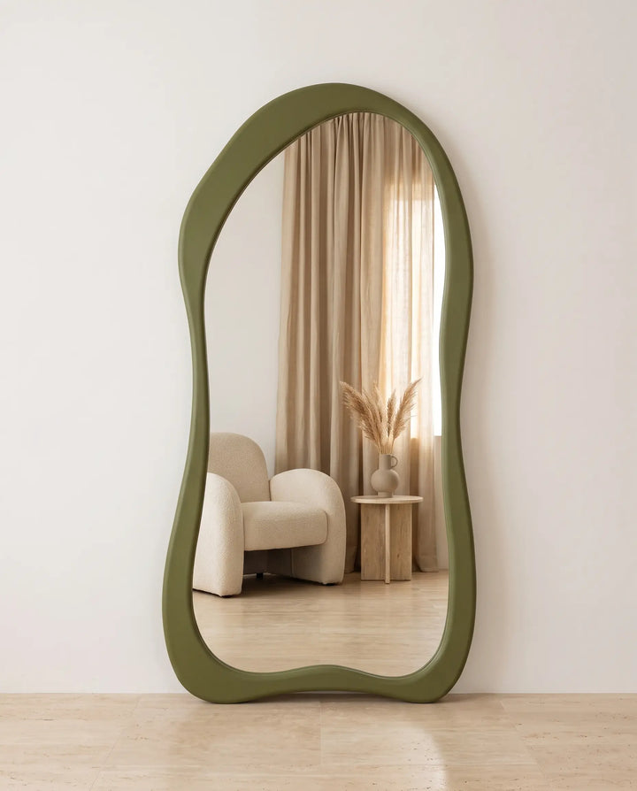 Muse No.1 organische Japandi spiegel 200x100 cm in Olive Ash, vooraanzicht